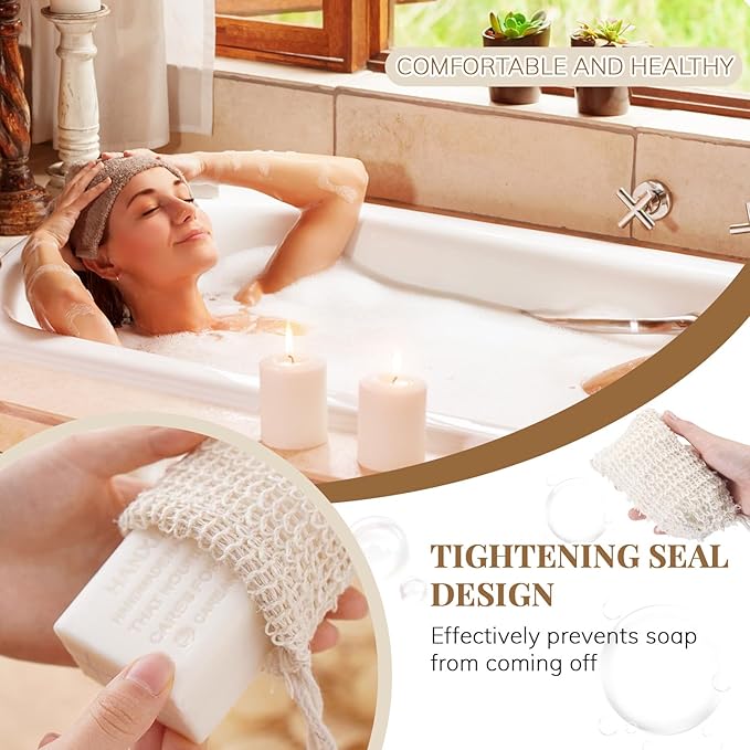 20 Pack Soap Exfoliating Bag, Natural Sisal Soap Saver Bag with Drawstring, Soap Saver Bag with Wooden Bead, Exfoliating Soap Bag for Shower