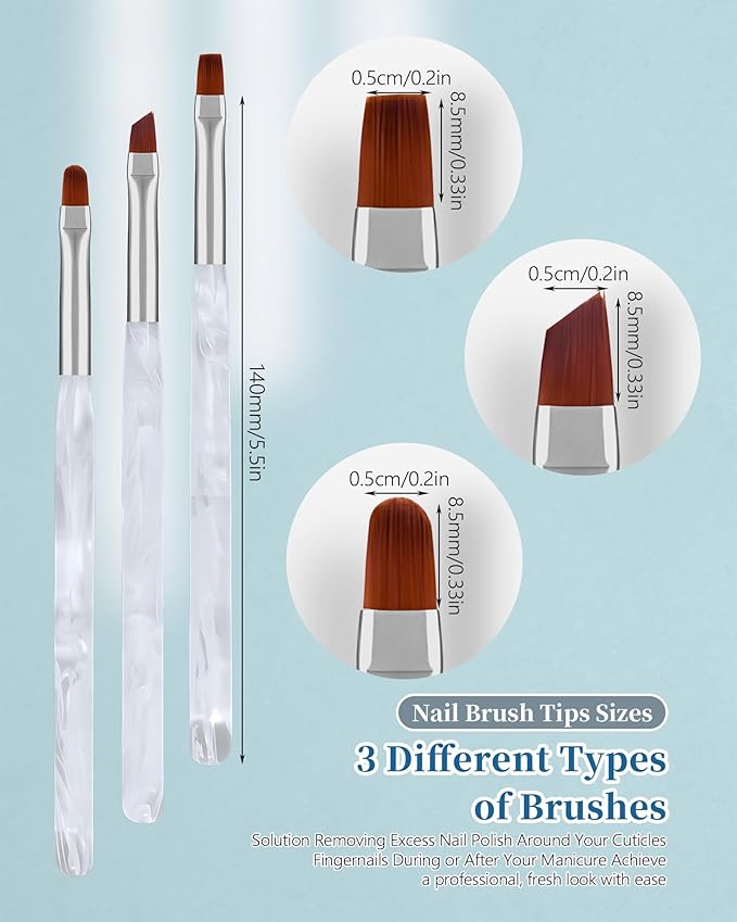 3PCS Nail Polish Clean Up Brush, Round&Falt&Angled Acetone Resistant Nail Brush for OPI Nail Polish Remover, Fingernail Cleaning Brushes at Home Nail Art and Designs(Calligraphy White)