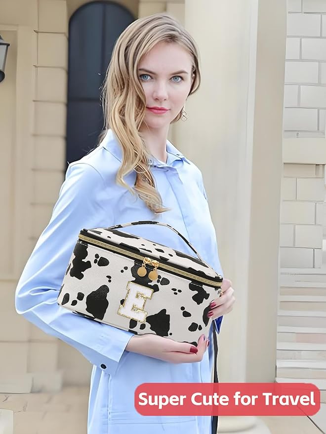 Meiyuuo Personalized Makeup Bag for Teen Girls Gifts Cute Cosmetic Bags Large Chenille Letter Bag Travel Pro Pouch Toiletry Organizer for Women Trendy Stuff with Divider and Handle Cow Print E