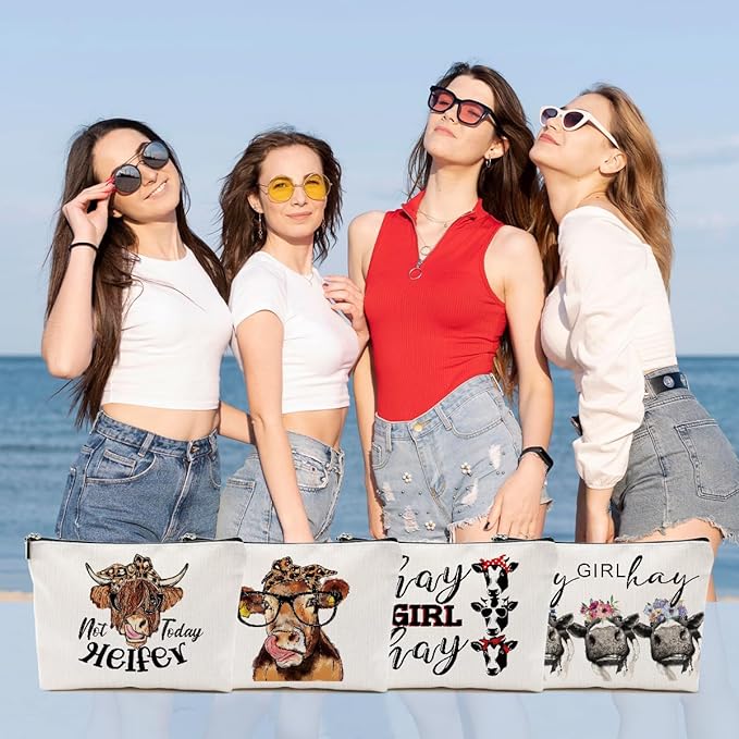 4pcs Funny Print Cow Stuff Western Makeup Bag, Cows Cosmetic Bag Cow Gifts for Women Female Girls Sister BFF, Christmas Birthday Gift, Western Stuff Travel Toiletry Bags