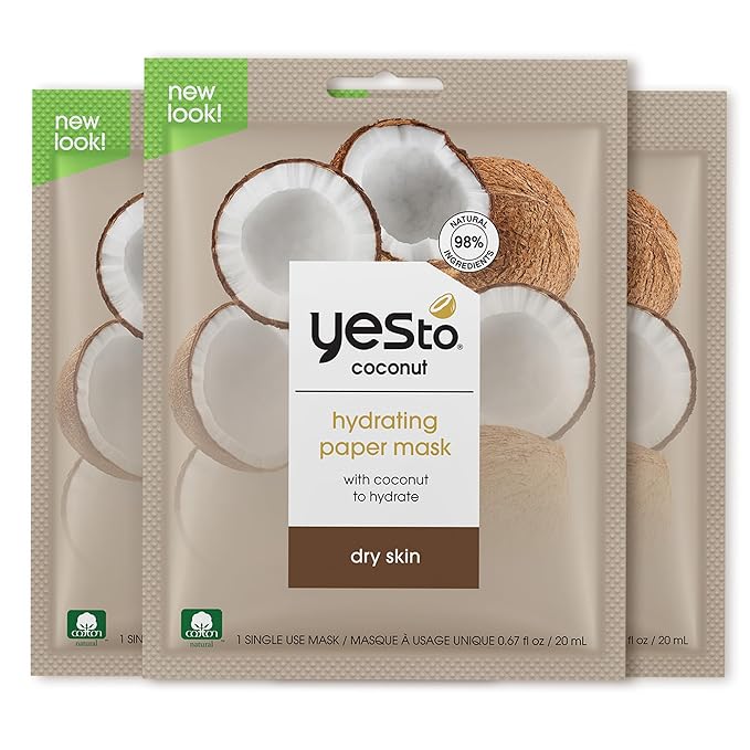 Yes To Coconut Hydrating Paper Mask with Coconut to Hydrate Dry Skin, for Men, Women and Teens, No Paraben, 3 Pack