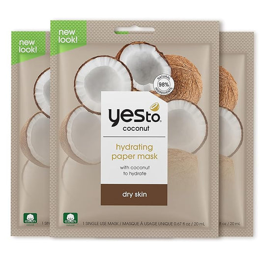 Yes To Coconut Hydrating Paper Mask with Coconut to Hydrate Dry Skin, for Men, Women and Teens, No Paraben, 3 Pack