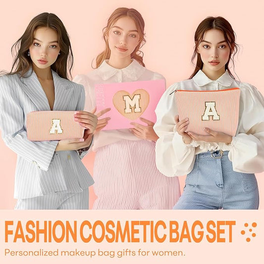 mibasies 2 PCS Initial Makeup Bags for Women: Cosmetic Bag for Travel Toiletry - Personalized Cute Makeup Pouch - Gifts for Grilfriend Wife Moms Bridesmaid - Retirement Travel Gifts - Orange E