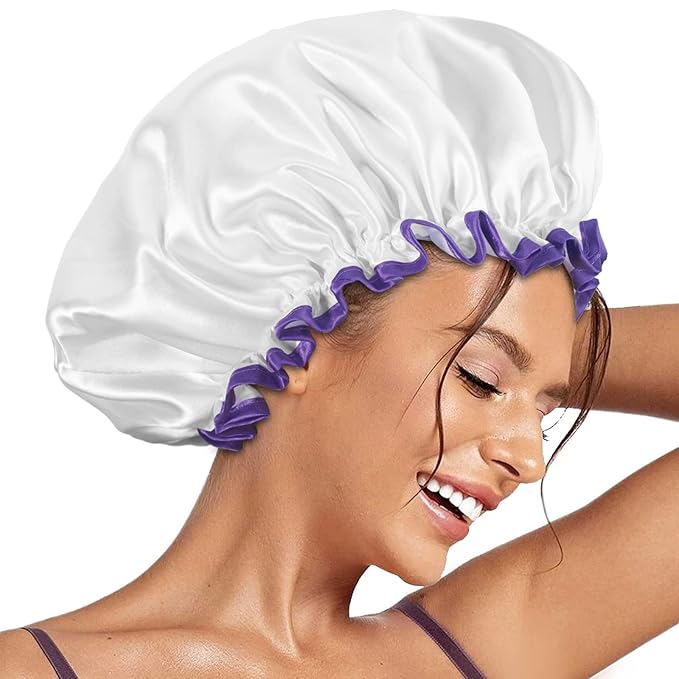 Aquior Shower Cap, Shower Cap for Women Reusable Waterproof, Large Bath Hair Cap for All Hair Lengths, Ladies, Men and Kids (White)