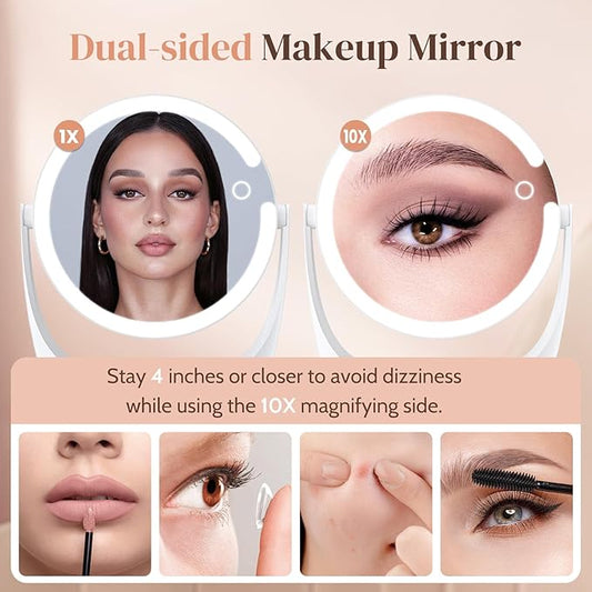 Vanity Magnifying Mirror with Light: 10x Magnifying Mirror with Adjustable 3 Color Brightness - Rechargeable Double Sided Makeup Mirror with 360° Rotation,Perfect Travel Table Mirror