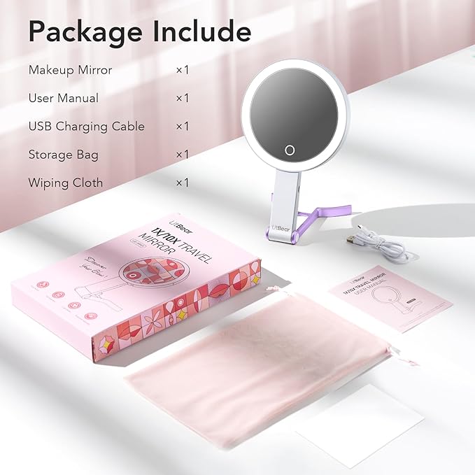 LitBear Travel Makeup Mirror with Light, Rechargeable Double-Sided 10X/1X Magnifying Mirror, Portable Lighted Beauty Mirror, 3 Color Lighting, Dimmable Touch Screen, Tabletop Handhold Hanging (Purple)