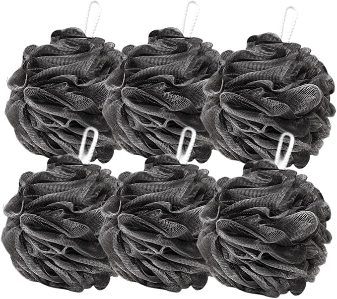 6-Pack 80g Shower Loofah for Men – Extra-Large Body Sponge with Triple-Tied Knots, High-Density Mesh, Rich Lather, Durable Exfoliating Pouf (Black)