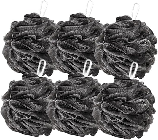 6-Pack 80g Shower Loofah for Men – Extra-Large Body Sponge with Triple-Tied Knots, High-Density Mesh, Rich Lather, Durable Exfoliating Pouf (Black)