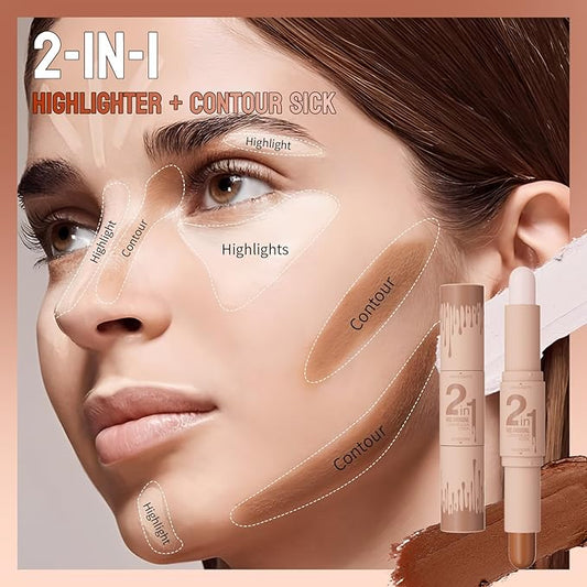 Dual-Ended Cream Contour Stick - Long-Lasting, Waterproof, Face Contour Makeup for All Skin Tones Highlighter Stick Easy to Blend, Achieve a Flawless Look (#01 Light Beige+Light Brown, A)