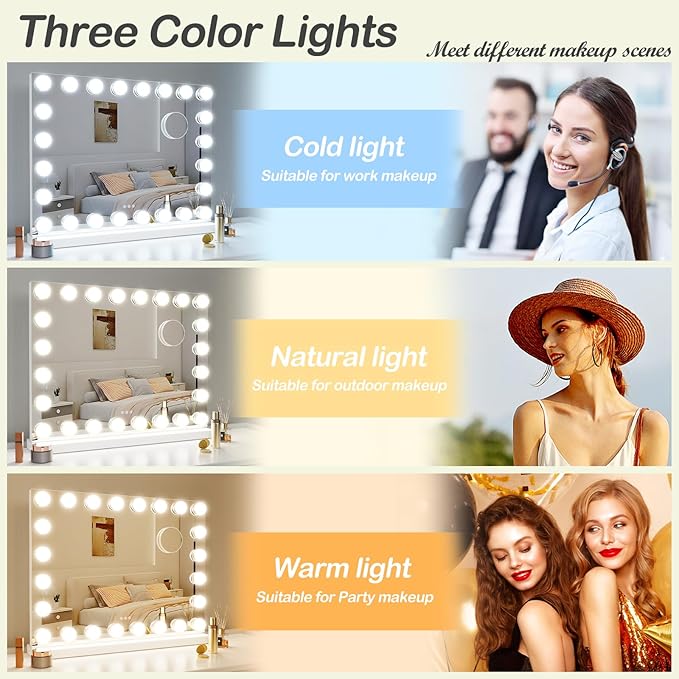 24 Extra Bulbs Vanity Mirror with Lights, 32WX24L Tabletop Hollyhood Makeup Mirror USB+Type-C Charging, Hollywood Lighted Mirror,3 Colors Modes,Touch Control,Metal Frame,White