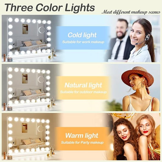 24 Extra Bulbs Vanity Mirror with Lights, 32WX24L Tabletop Hollyhood Makeup Mirror USB+Type-C Charging, Hollywood Lighted Mirror,3 Colors Modes,Touch Control,Metal Frame,White