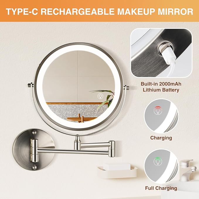 8.5 Inch Rechargeable Wall Mounted Makeup Mirror Brushed Nickel, Double Side Dual-Touch 1X/10X Magnifying Mirror with Light, 3 Color Lights 360°Swivel Extendable Bathroom Mirror
