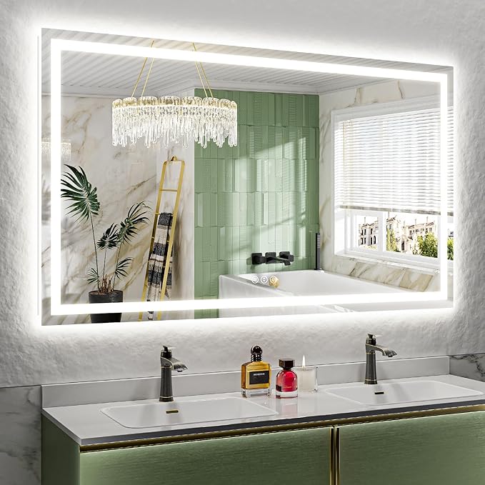 66x40 Inch LED Bathroom Mirror with Lights Front and Backlit Lighted Vanity Mirror for Bathroom Wall with 3 Colors Dimmable Anti-Fog Memory Shatter-Proof IP54 Waterproof Horizontal/Vertical
