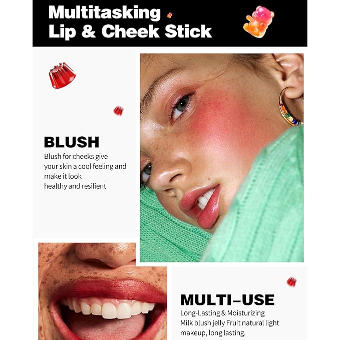 Cooling Water Jelly Tint Blush, Multi-Use Love Blush Tint Stick, Sheer Lip & Cheek Stain Makeup Stick, Moisturizing Buildable Bouncy Jelly Texture, Cruelty Free (05#, 0.32oz)