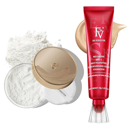 FV Moisturizing Foundation with Translucent Setting Powder, Long Lasting & Natural Finish, Lightweight Foundation Makeup Set for Dry/Combination Skin, Nourishing Beige & Shimmer Sheer