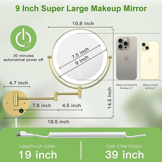 Anfauny 9 Inch Wall Mounted Lighted Makeup Mirror, Double Sided 1X/10X Magnifying LED Vanity Mirror with 3 Color Lights & Stepless Dimming, 360°Swivel Extendable Bathroom Cosmetic Mirror-Gold