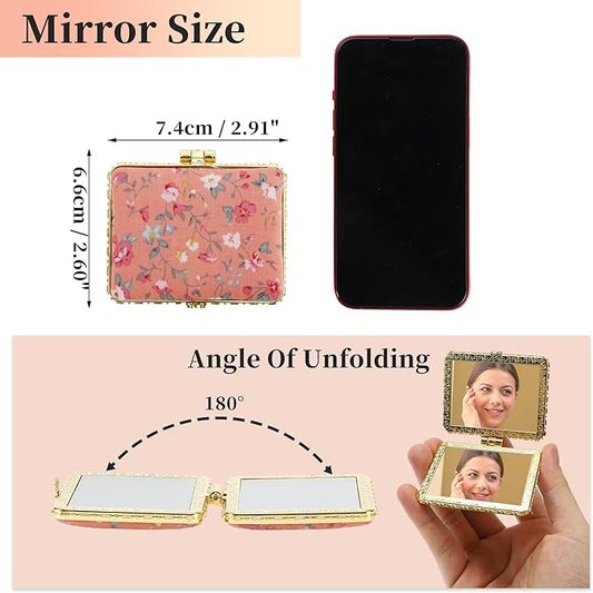VOCOSTE Compact Mirror for Purses, Flower Pocket Square Mini, Floral Small for Purse, Vintage Folding Travel Portable for Women, Pink