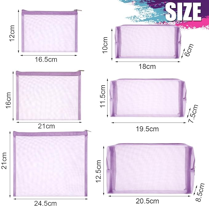 Boao 6 Pieces Mesh Makeup Bags Mesh Cosmetic Bag Portable Travel Organizing Zipper Pouch Toiletries Makeup Pouches for Home Office Travel Accessories (Light Purple)