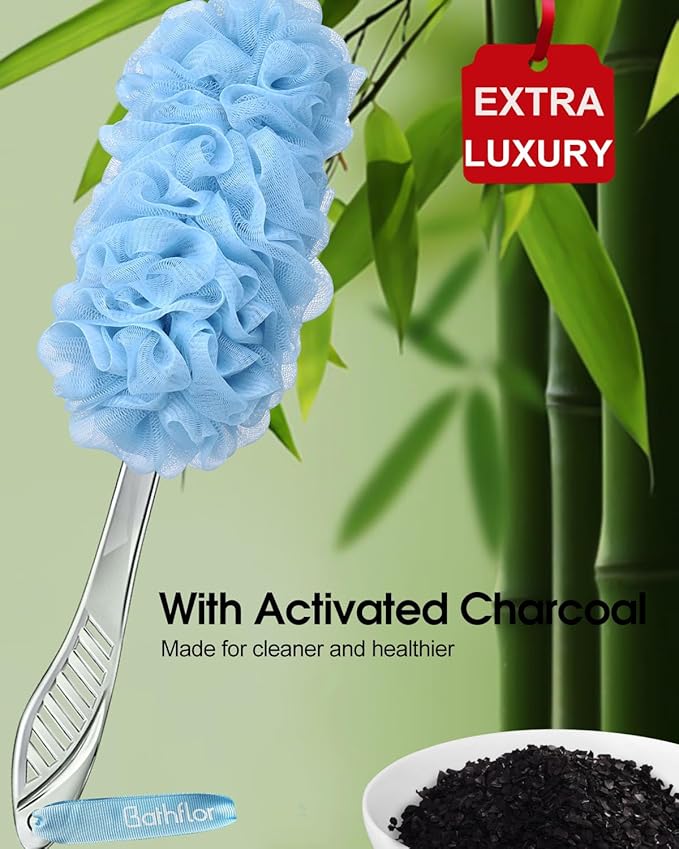 (2+1) Pack Back Scrubber for Shower，Loofah with Handle: 2PCS Long Handle Loofa Back Scrubber, 1PCS Luffa Hook, Charcoal Loofah Pack for Women Men Bath Wash, Blue