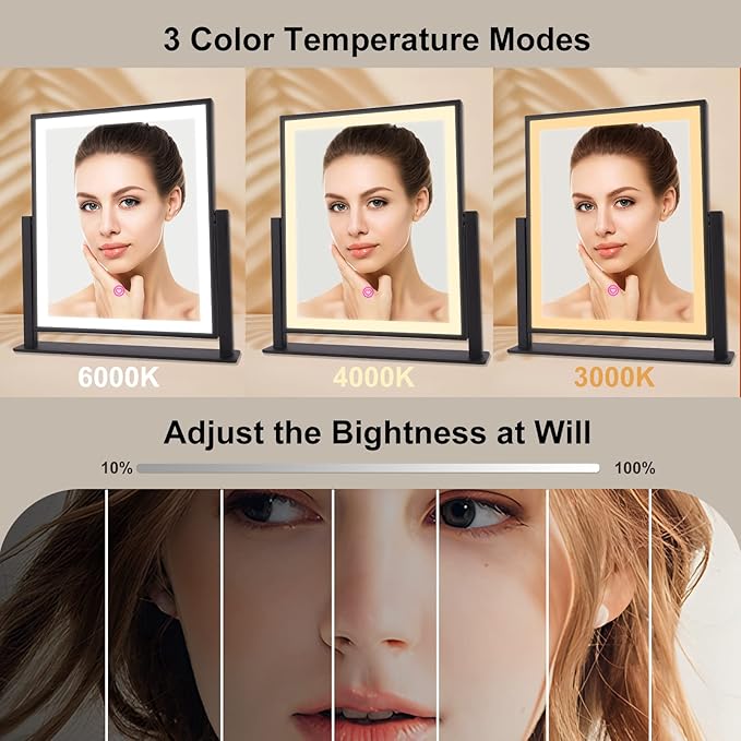 Beelux Vanity Mirror with Lights,16" Makeup Mirror with Light Smart Touch Control Dimmable 3 Modes Lighted LED Mirror 360°Rotation Black