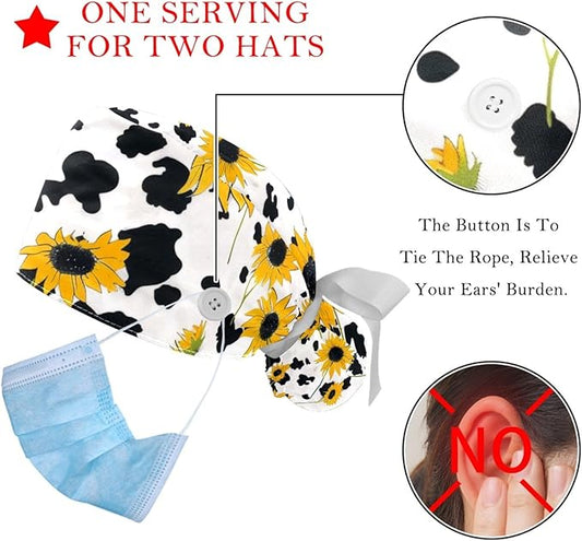 2 PCS Bouffant Cap with Button Ponytail Pouch Working Cap Sweatband Adjustable Surgical Cap Black and White Cow