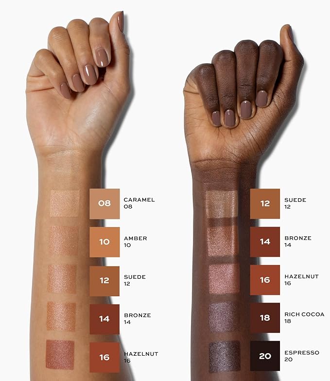 MAKE Beauty Diffusion Dew Skin Tint. Sheer to Medium Coverage Radiant Finish. Blurring, Smoothing, and Brightening for Glowing Complexion. Enhanced with Niacinamide and Adenosine. Hazelnut 16