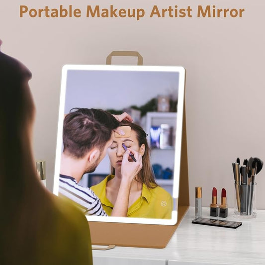 WEILY Portable Makeup Mirror with Lights, Touchable Three Colors Dimmable Lighted Makeup Mirror, 2000 mAh Type-C Rechargeable Vanity Mirror, Portable Hollywood Hanging Detachable Mirror (Khaki)