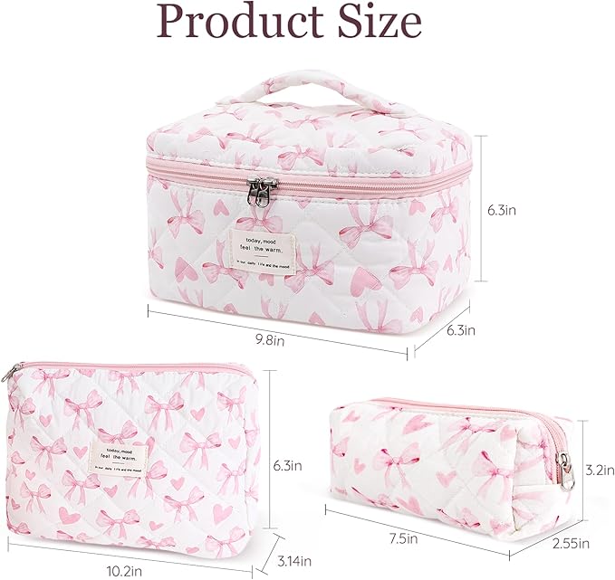 3Pcs Cotton Quilted Makeup Bag Set,Large Floral Cosmetic Bag，Aesthetic Toiletry Travel Makeup Bag Set and Cute Flower Bag for Women Girls (Love Bow)