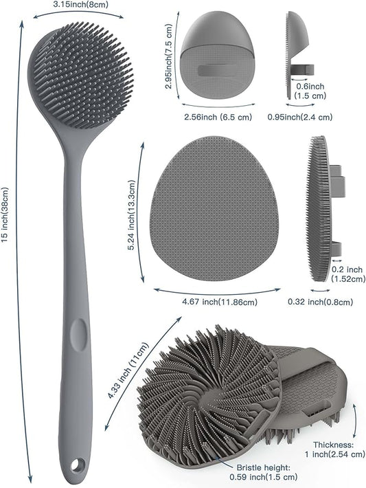 Manmihealth Silicone Back Scrubber & Soft Bath Glove Set 4 PCS(Thin Bristles), Super-Exfoliating Body Scrubber & Super-Lathering Shower Brush Combination, with 2 Free Hooks (Gray)