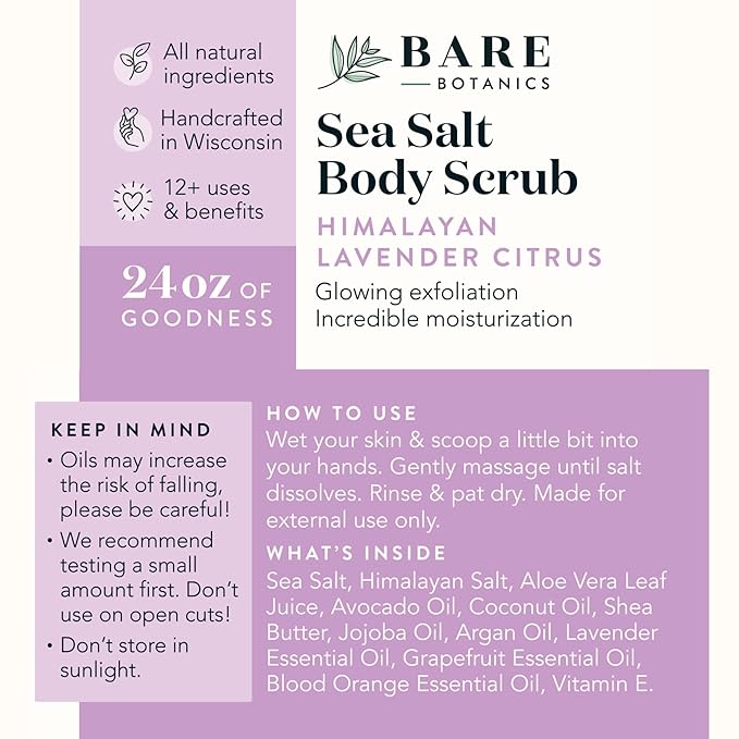 Bare Botanics Lavender Citrus Body Scrub 24oz | Made in Madison, WI | All Natural Himalayan Salt Exfoliator Skin Loving Moisturizers | Vegan & Cruelty Free | Gift Ready Packaging w/a Cute Wooden Spoon
