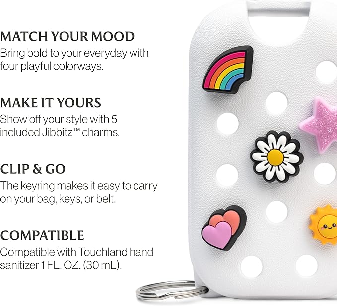 Touchland x Crocs Limited Edition Mist Case 1 Fl. OZ., Stylish Hand Sanitizer Spray Accessory, with 5 Jibbitz Charms and Keyring, Cosmic White Color