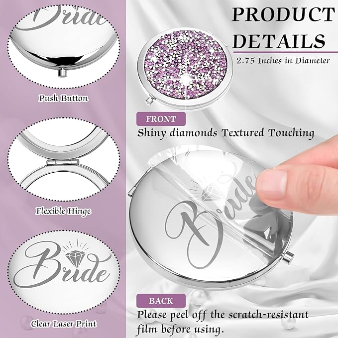 Barydat 10 Pieces Bridesmaid Gifts Set Magnifying Compact Mirror Bride I Do Crew Bridesmaid Proposal Gifts Travel Small Mirror for Purse Makeup Pocket Mirror for Women Wedding Party(Purple)
