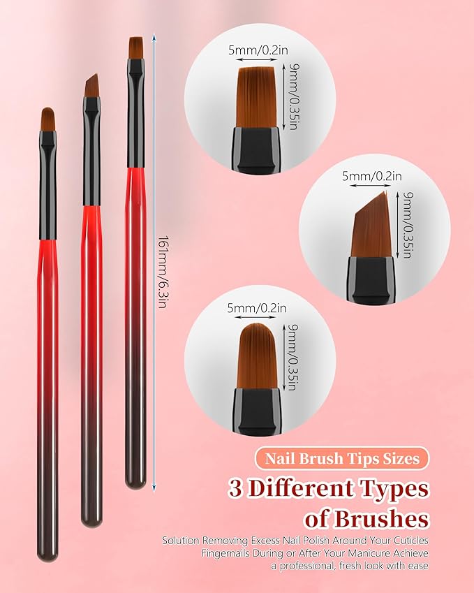 3PCS Nail Art Clean Up Brushes, Round/Angled/flat Acetone Resistant Gel Nail Polish Remover Brush, Nail Brushes for Tidying Up Polish Mishaps on Cuticles, and Nail Art Designs（Black Red）