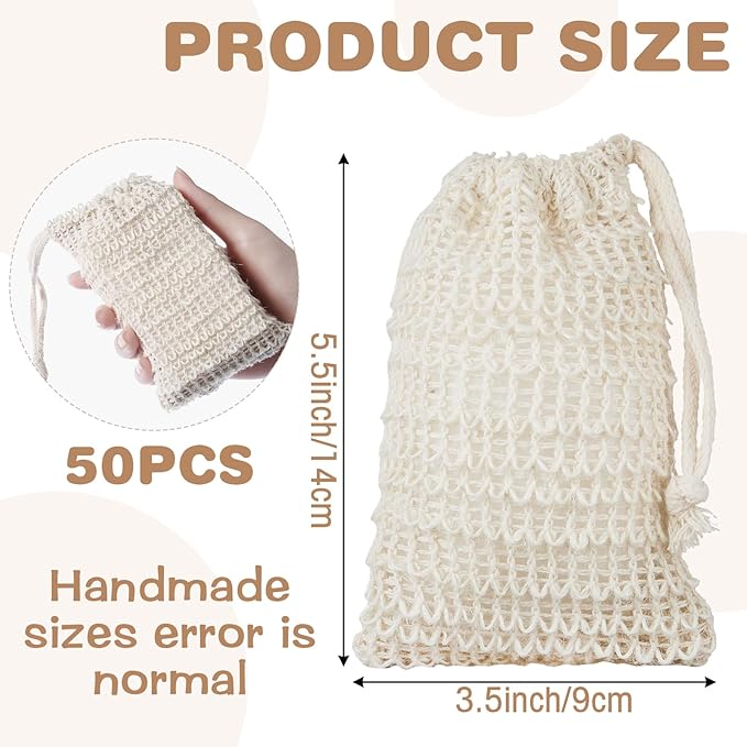 50 Pack Sisal Soap Saver Bag with Drawstring, Natural Cotton-Linen Exfoliating Net Pouch for Foaming and Drying, Travel Bar Soaps Mesh Bags Soap Savers for Bath and Shower Use