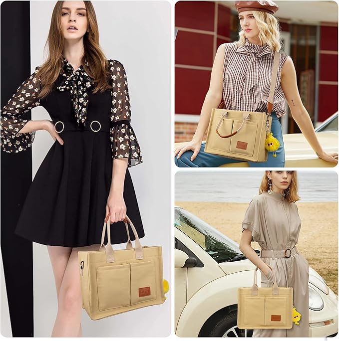 Canvas Tote Bag for Women With Pockets, Laptop Work Crossbody Purses Everything Shoulder Tote Bag Everyday Satchel Handbags