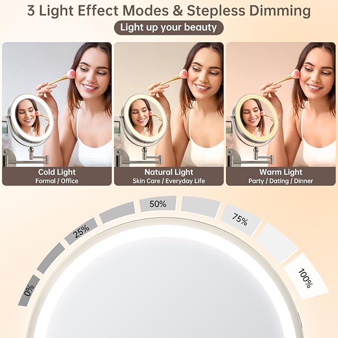 9" Wall Mounted Makeup Mirror with Lights, 4000mAh Rechargeable 1X/10X Wall Mounted Magnifying Mirror for Bathroom, 3 Color Lighting,Touch Screen Dimming,Extended Arm 360 Rotation Wall Mount Mirror N