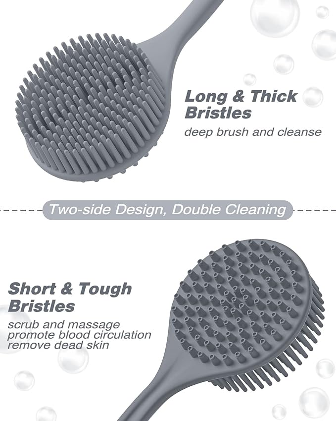 Manmihealth Silicone Back Scrubber & Soft Bath Glove Set 4 PCS(Thick Bristles), Super-Exfoliating Body Scrubber & Super-Lathering Shower Brush Combination, with a Free Hook(Gray)