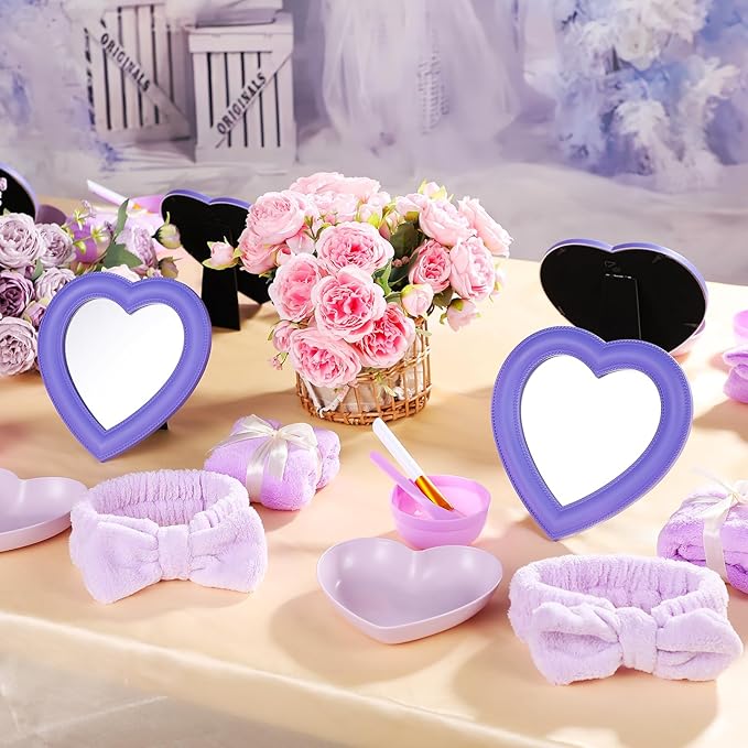 8 Pcs Spa Party Supplies 8 Heart Shaped Mirror Purple for Sleepover Party Favors Makeup Mirror for Spa Slumber Birthday Favor