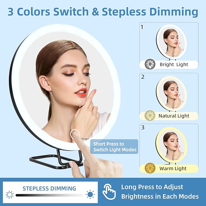 6" 10x Magnifying Mirror with Light Suction Cup,Led Close up Makeup Mirror with 360° Stand,3 Color Lighted Personal Mirror 10x,10 Times Functional Zoom Mirrors for Partial Details