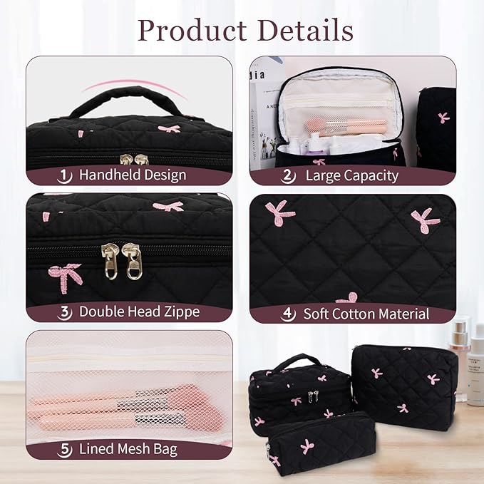 3Pcs Cotton Quilted Makeup Bag Set,Large Floral Cosmetic Bag，Aesthetic Toiletry Travel Makeup Bag Set and Cute Flower Bag for Women Girls (Black Pink Bow)