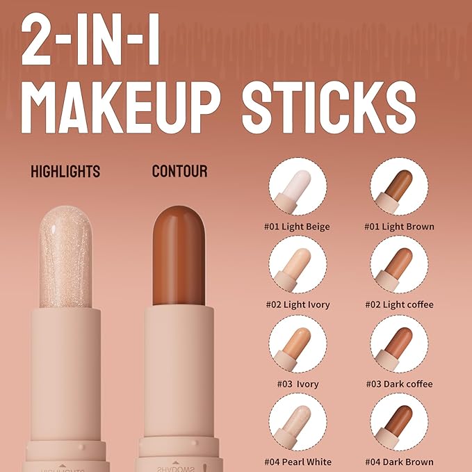 Dual-Ended Cream Contour Stick - Long-Lasting, Waterproof, Face Contour Makeup for All Skin Tones Highlighter Stick Easy to Blend, Achieve a Flawless Look (#01 Light Beige+Light Brown, A)