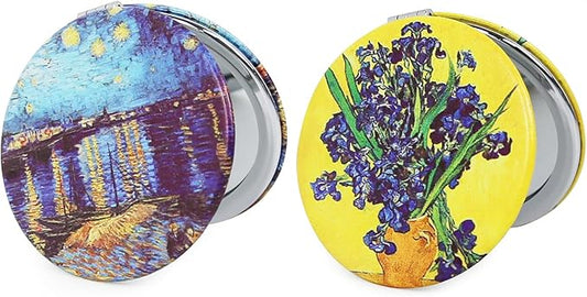 Pocket Mirror, 2 Pcs Round 2.8” PU OilPainting Style Double Sided 1X/3X Purse Compact Mirrors (OP02OP03)