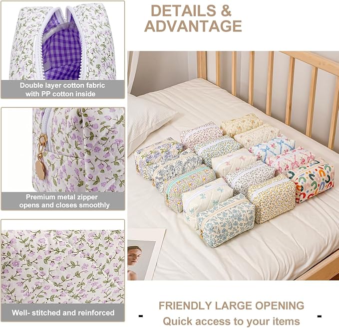 Gleyemor Small Quilted Makeup Bag for Women, Cute Floral Bow Cosmetic Bag, Emergency Bag Travel Toiletry Cotton Pouch Gifts for Girls Her Mom Friend Sister Bridesmaid (Purple Small Flower)
