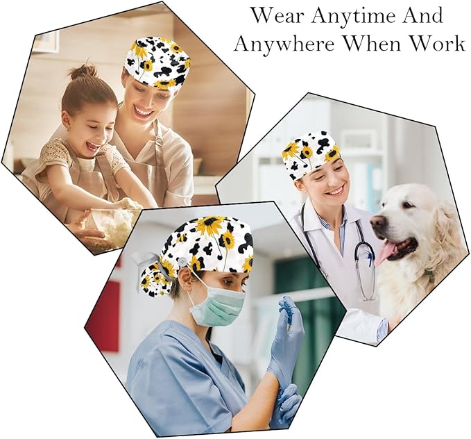 2 PCS Bouffant Cap with Button Ponytail Pouch Working Cap Sweatband Adjustable Surgical Cap Black and White Cow