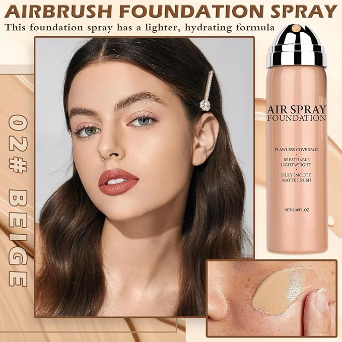 AIUEO Airbrush Foundation Makeup Spray for Mature Skin Lightweight Full Coverage Airbrush Flawless Setting Spray Foundation Makeup-Beige