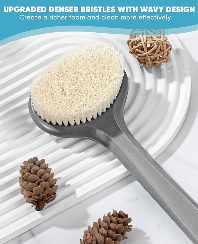 Back Scrubber for Shower with 17" Long Handle, Non-Slip Grip Shower Brush, Moderate Bristles Body Brush for Gentle Exfoliation, Back Brush for Shower Men & Women – Grey