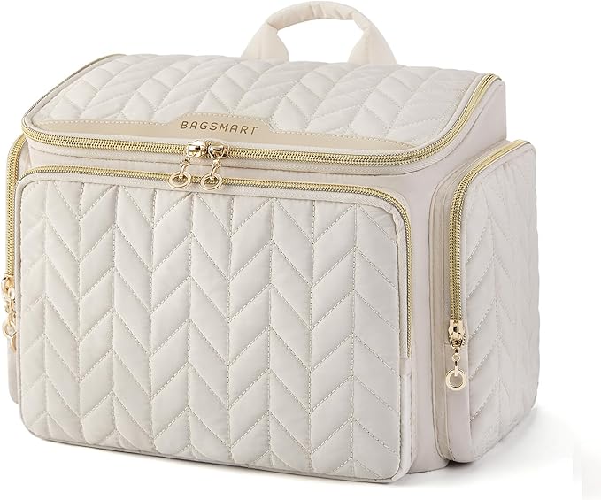 BAGSMART Travel Toiletry Bag, Large Wide-open Travel Bag for Toiletries, Makeup Cosmetic Travel Bag with Handle-Beige
