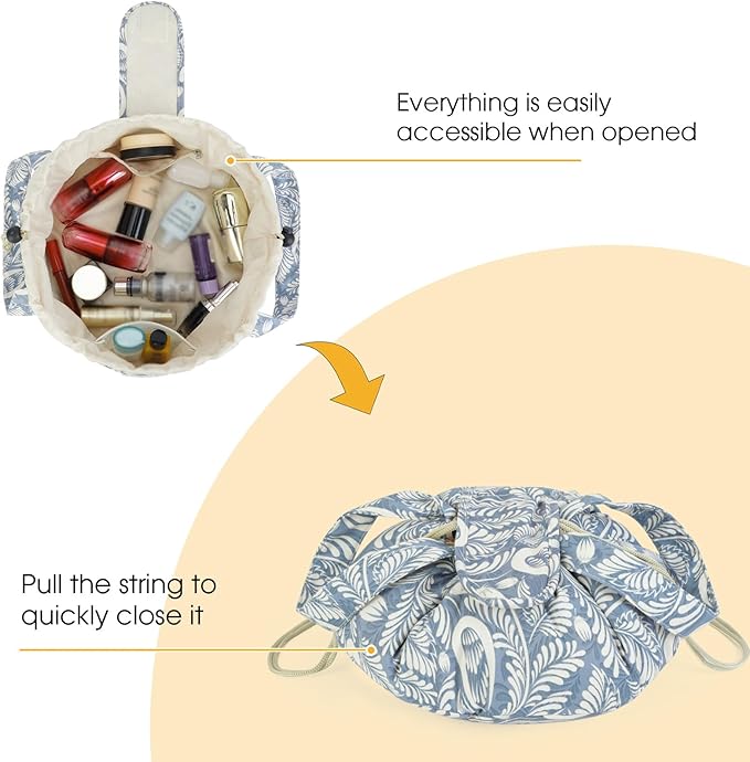 Barrel Drawstring Makeup Bag Large Cosmetic Bag Make up Bags Toiletry Organizer for Women (Blue Leaf) (Patent)