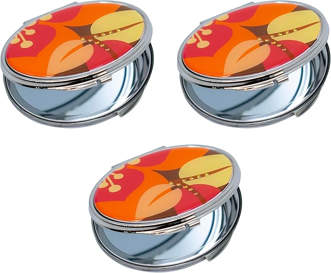 Set of 3 Double Sided Magnifying Compact Slim Mirrors with Printed Insert (Red-Orange Floral, Round)