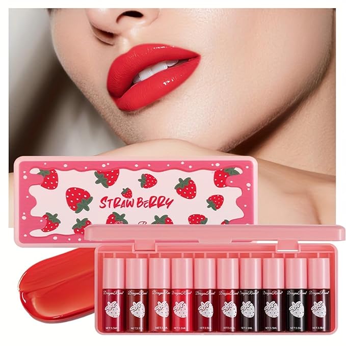 10 Colors Lip Tint Stain Set,Mini Waterproof Korean Liquid Lipstick Lip Gloss Watery Finish Long Lasting Lip Stain Non Sticky Multi-use Lip and Cheek Tint